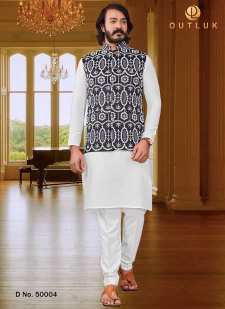 White Colour Festive Wear Kurta Pajama With Jacket Mens Collection 50004